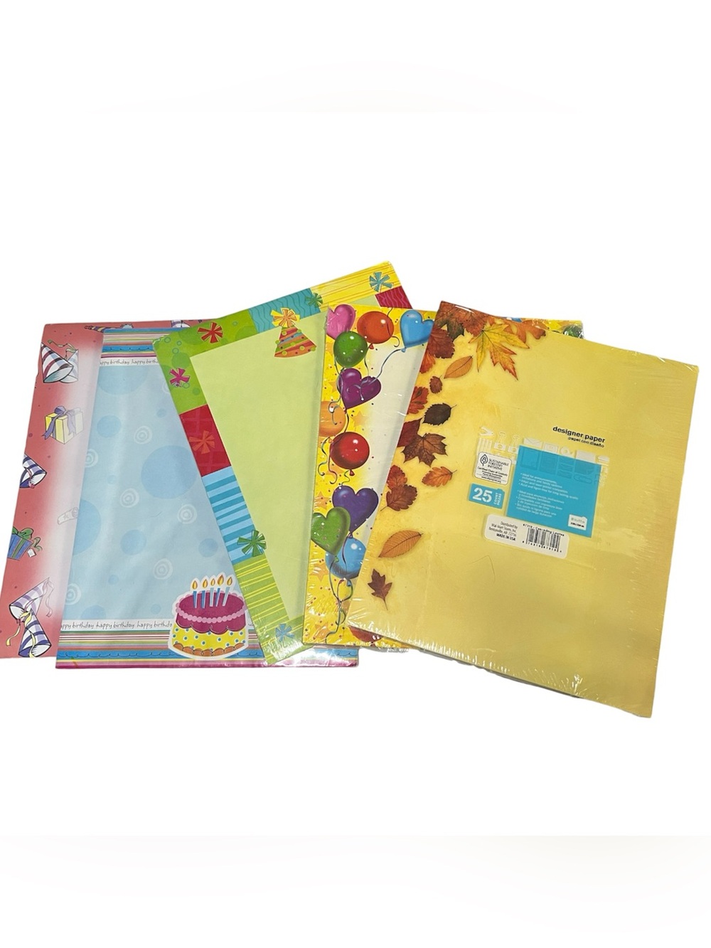 1 Pack Birthday party fall  printer paper 8 1/2 x11”  5 designs 25-45 sheets ea